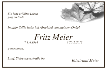 Traueranzeige von Fritz Meier von Pegnitz-Zeitung